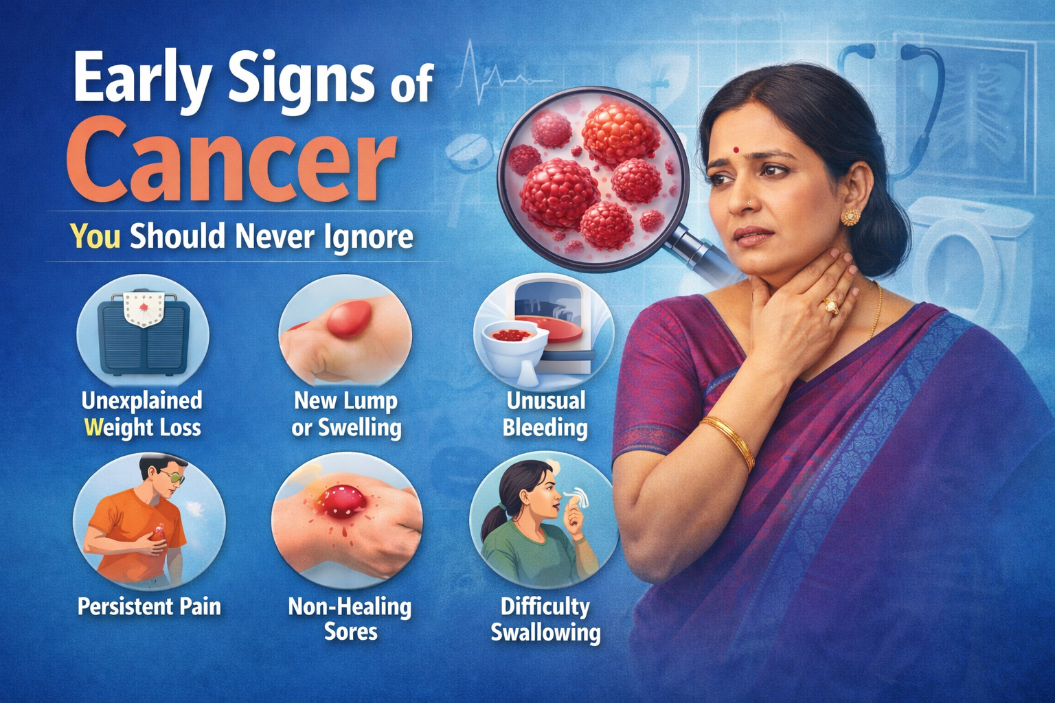 Early signs of cancer symptoms illustration including lump, weight loss and warning signs explained by Surgical Oncologist in Visakhapatnam